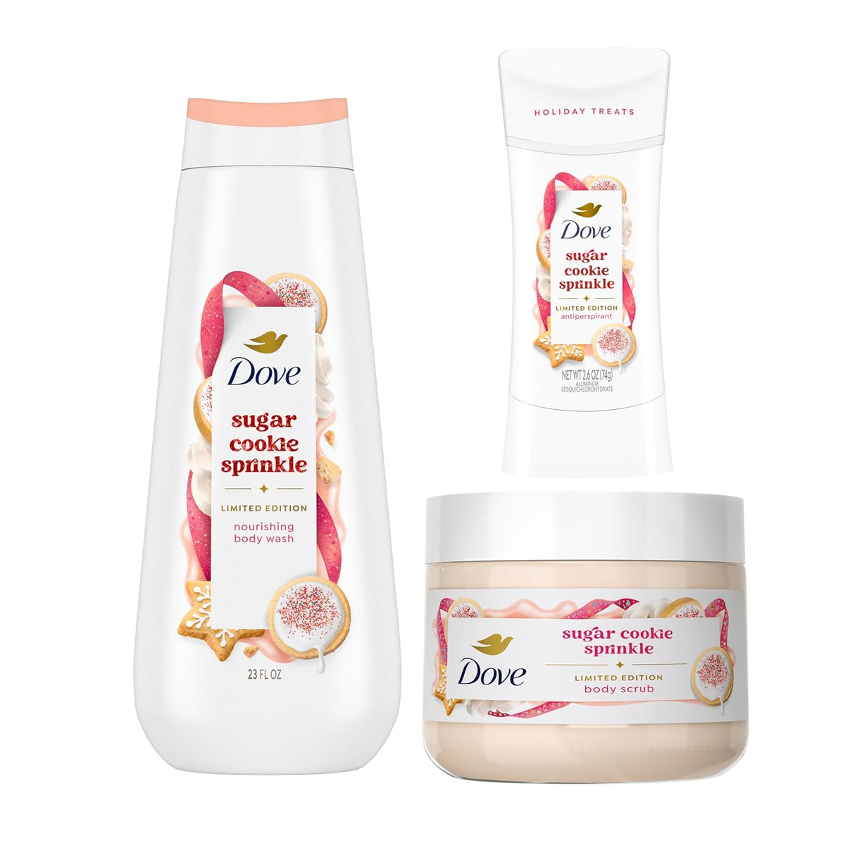 Dove Limited Edition Holiday Treats Mixed 3 Count Sugar Cookie Sprinkle Value Pack for Hydrated & Soft Skin
