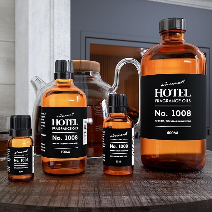 AirScent Hotel Diffuser Oil No. 1008 - White Tea, Aloe Vera & Sandalwood - Hotel Scent Dupe - Premium Fragrance Oil for Ultrasonic and Waterless Diffusers and Crafting - 30 mL, 1 fl oz Bottle