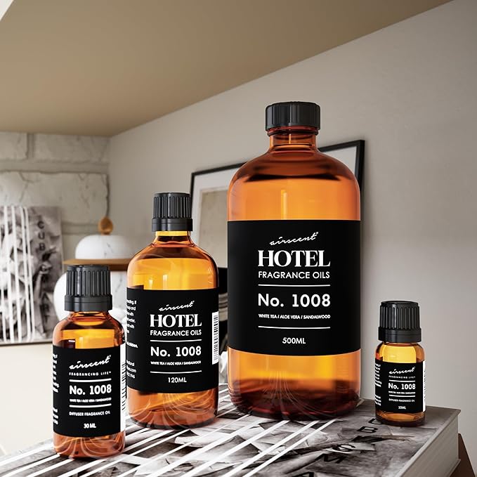 AirScent Hotel Diffuser Oil No. 1008 - White Tea, Aloe Vera & Sandalwood - Hotel Scent Dupe - Premium Fragrance Oil for Ultrasonic and Waterless Diffusers and Crafting - 30 mL, 1 fl oz Bottle
