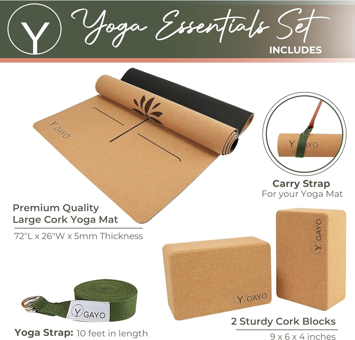 Premium Cork All-in-One Yoga Essentials Kit -Large Cork Yoga Mat and Blocks Set