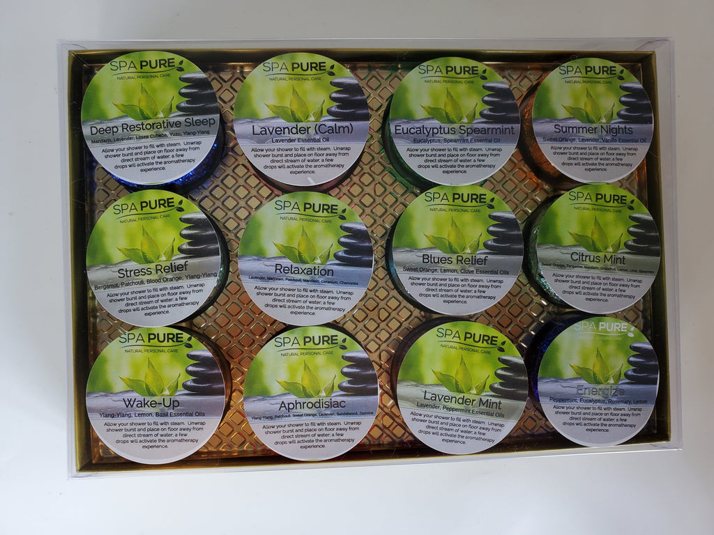 Gift Set with 12 Aromatherapy Shower Bombs - 100% Essential Oil Blends - foil wrapped 1.6 oz each