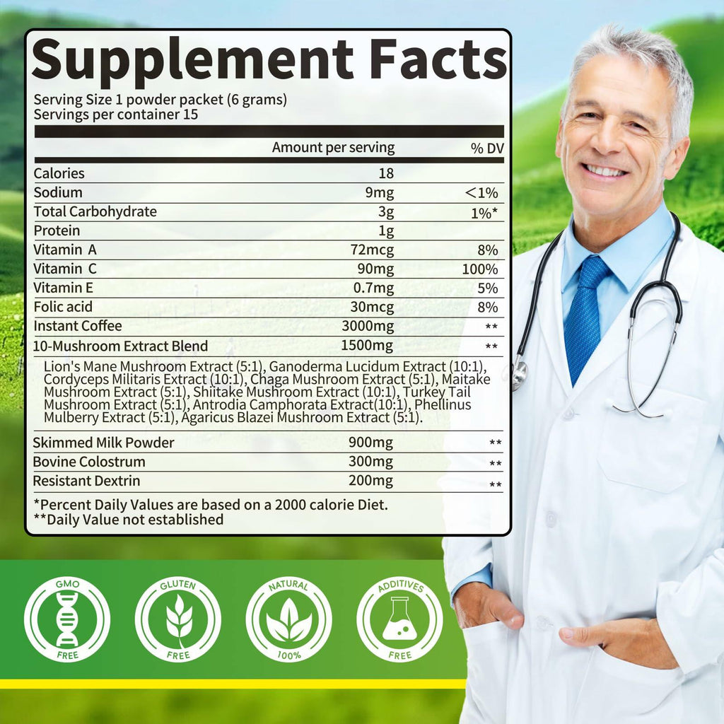 Mutsweet Colostrum Coffee 10 Mushroom Blend Immune Support 15 Servings