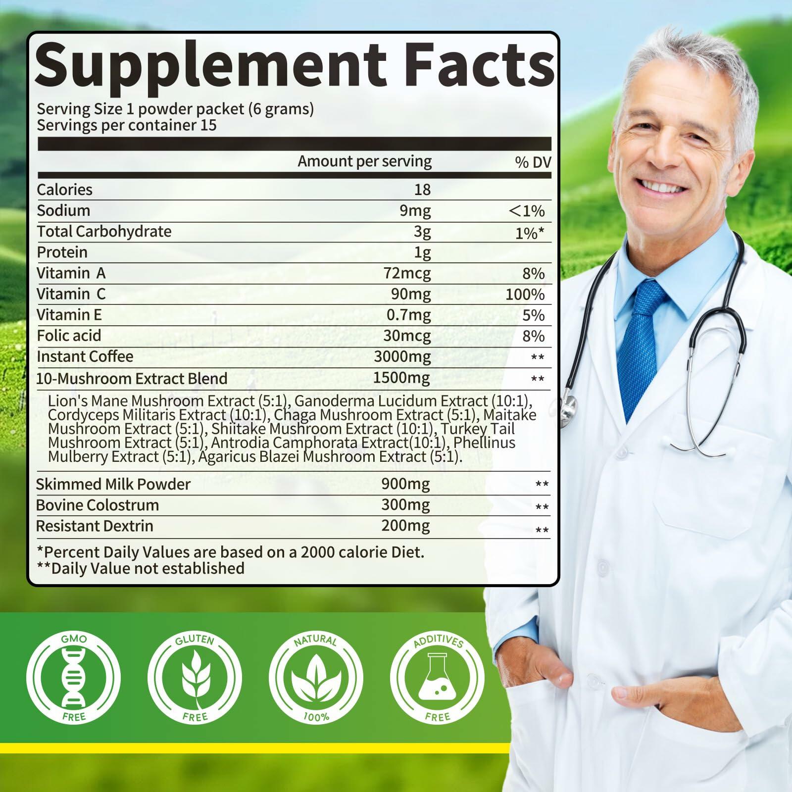 Mutsweet Colostrum Coffee 10 Mushroom Blend Immune Support 15 Servings